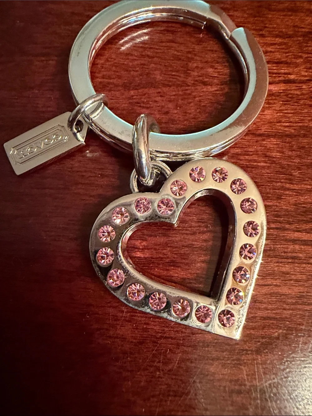 Coach Silver-Tone Key Ring with Pink Rhinestones